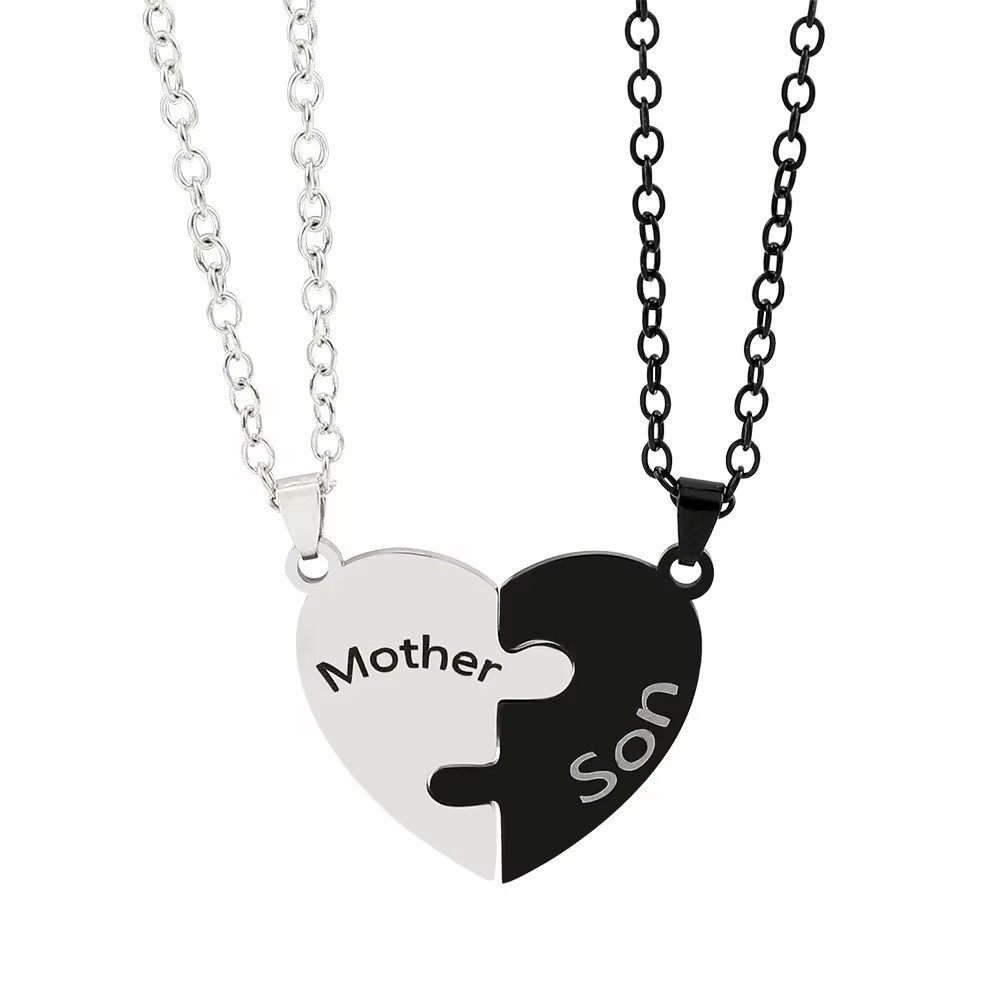 Mother Son Puzzle Heart Necklace Set Black Silver Stainless Steel Matching Gift