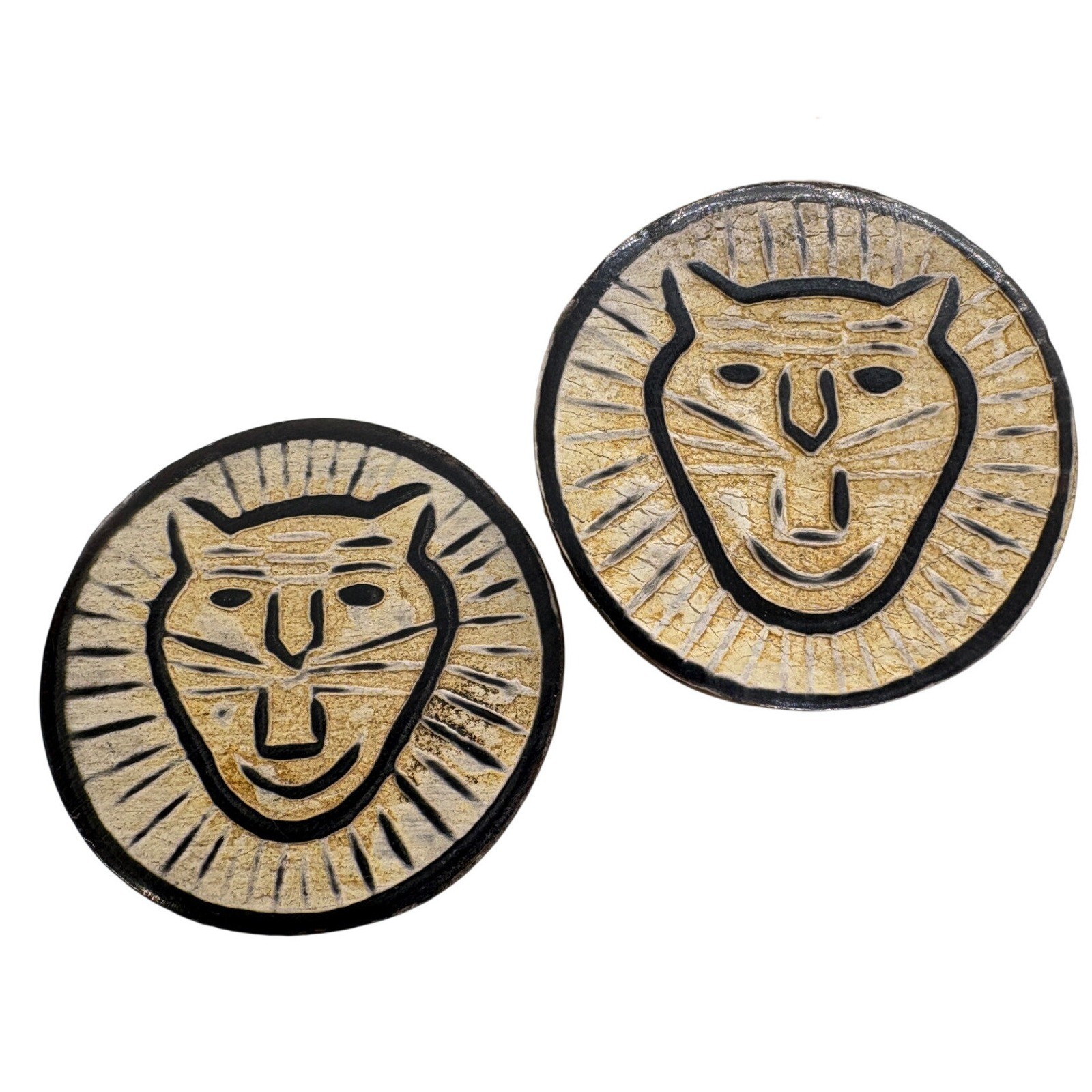Vintage Wood Lion Face Clip On Earrings Hand Carved Round Folk Art Statement