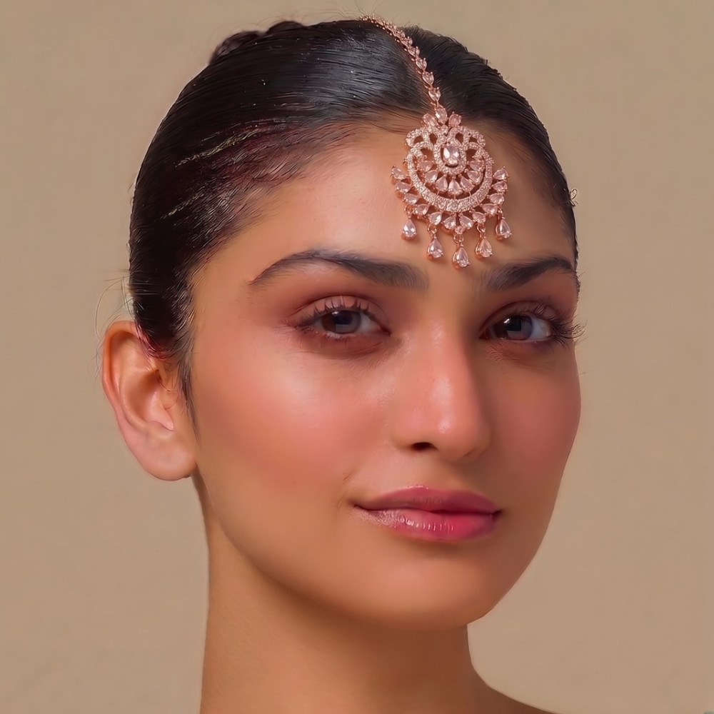 Rose Gold CZ Bridal Headpiece Maang Tikka Ethnic Jewelry for Women