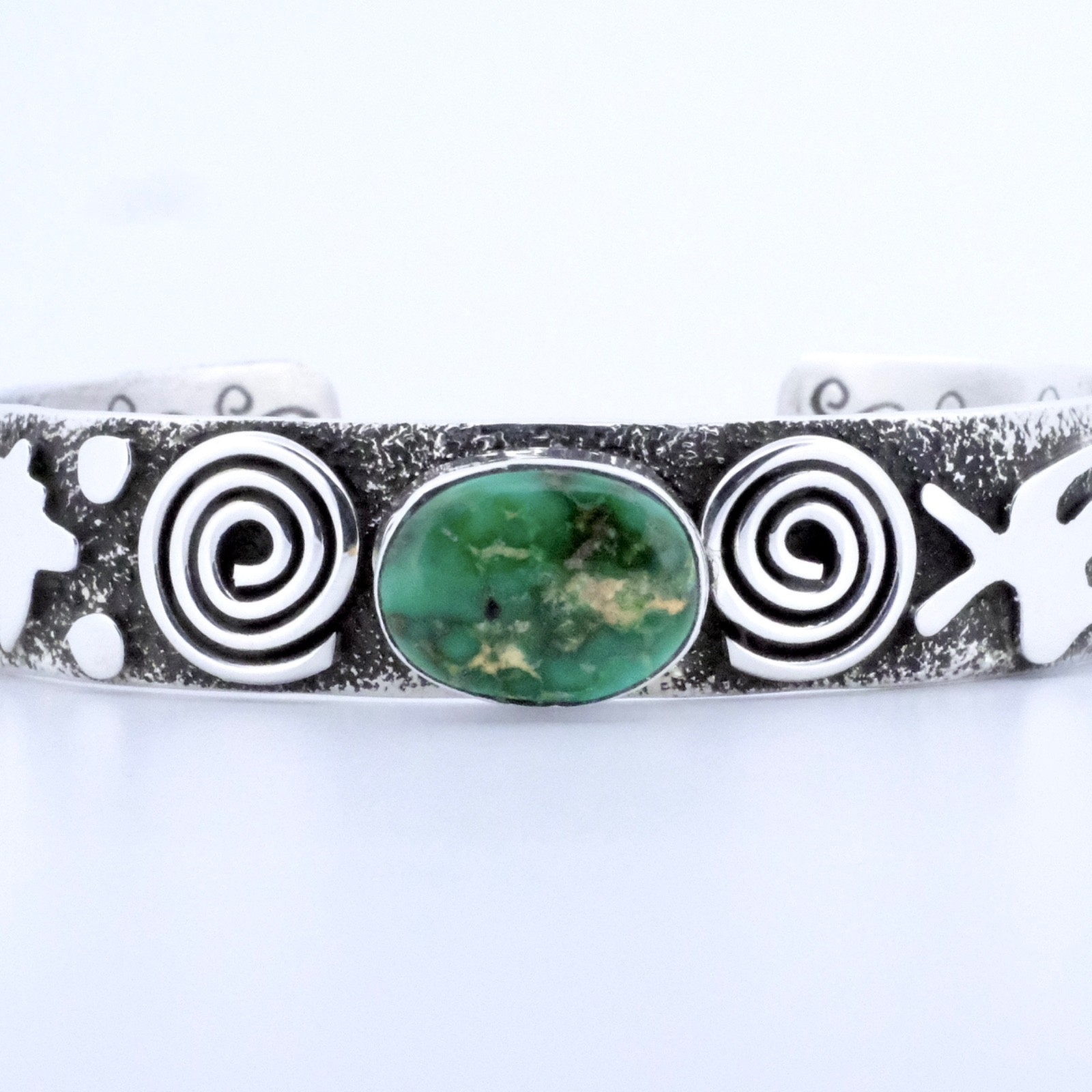 Alex Sanchez Sonoran Gold Turquoise Petroglyph Sterling Silver Navajo Cuff, 1/2”