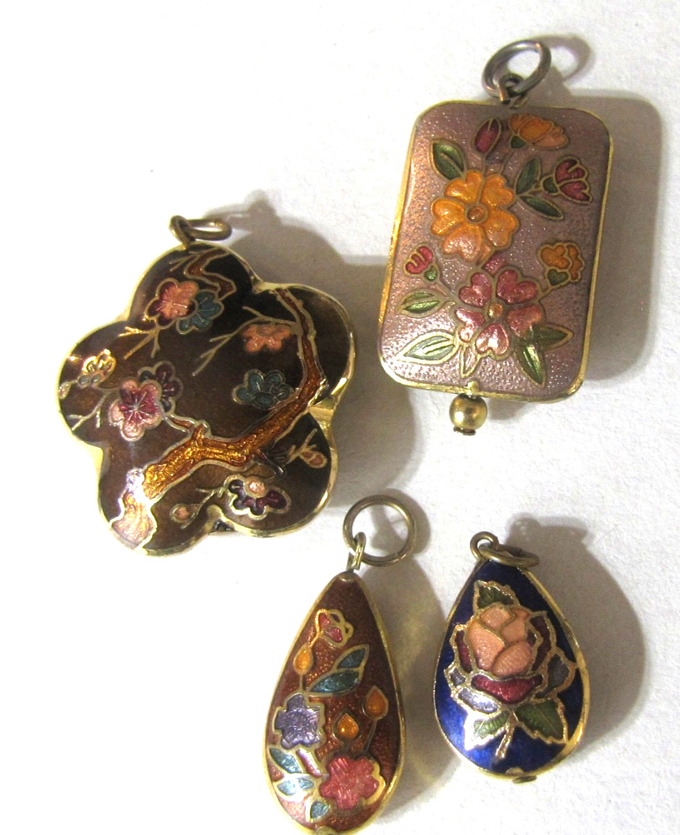Vintage Cloisonne Pendant Lot 4 Floral Asian Charms Double Side Enamel Gold Tone