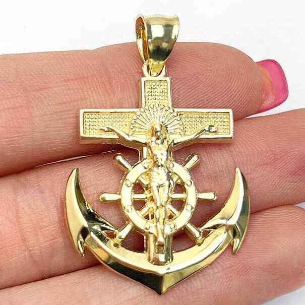 14K Yellow Gold Helm Jesus Christ Cross Anchor Charm Pendant 1″-1.5″