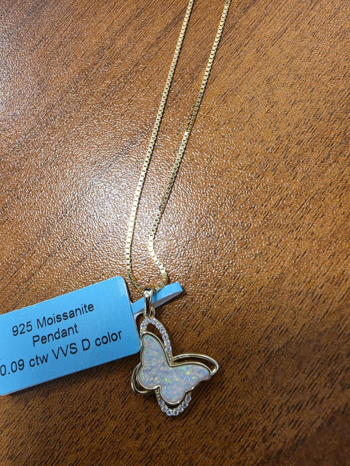 925 Sterling Silver White Opal Butterfly Pendant Necklace Moissanite 0.09ctw
