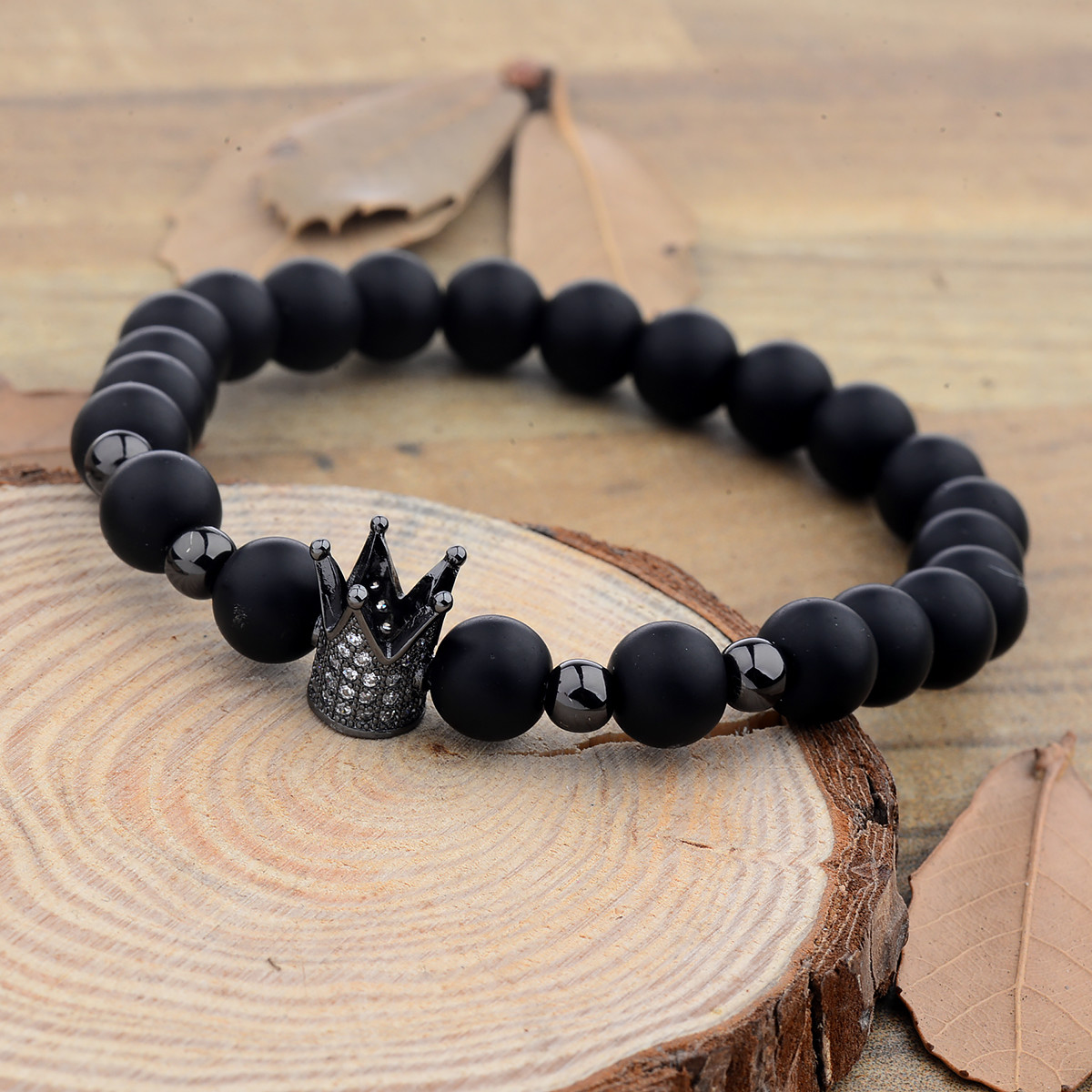 8MM Crown Natural Stone Matte Black Charm Men’s CZ Copper Bead Chuck Bracelet