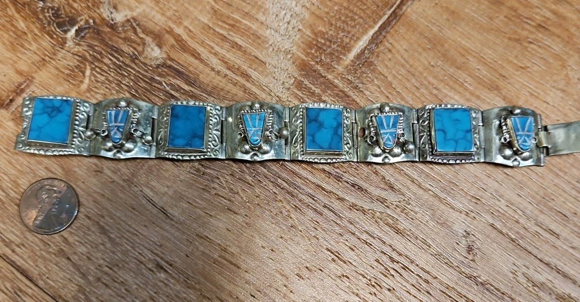 Vintage Silver & Turquoise Hecho En Mexico Taxco Alpaca Warrior Mask Bracelet 7”
