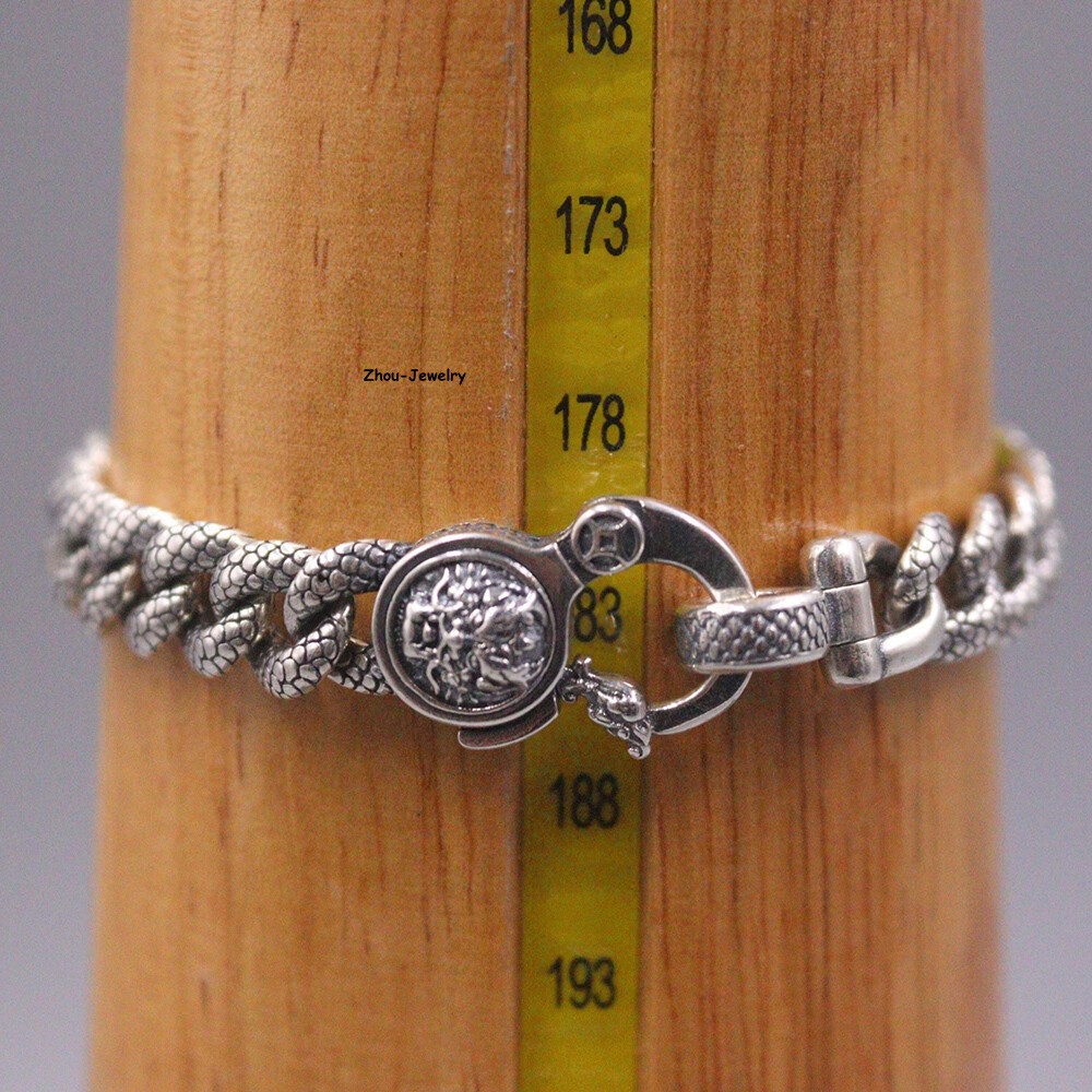 Real S925 Sterling Silver Chain 9mm Dragon Scale Curb Link Bracelet 34-35g 7.9in