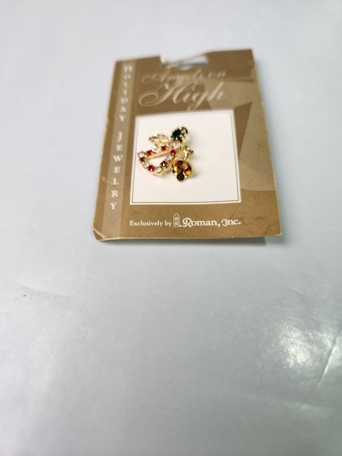 Christmas Pin Angels On High by Roman, Inc Gold Tone Red And Clear Crystals 2001