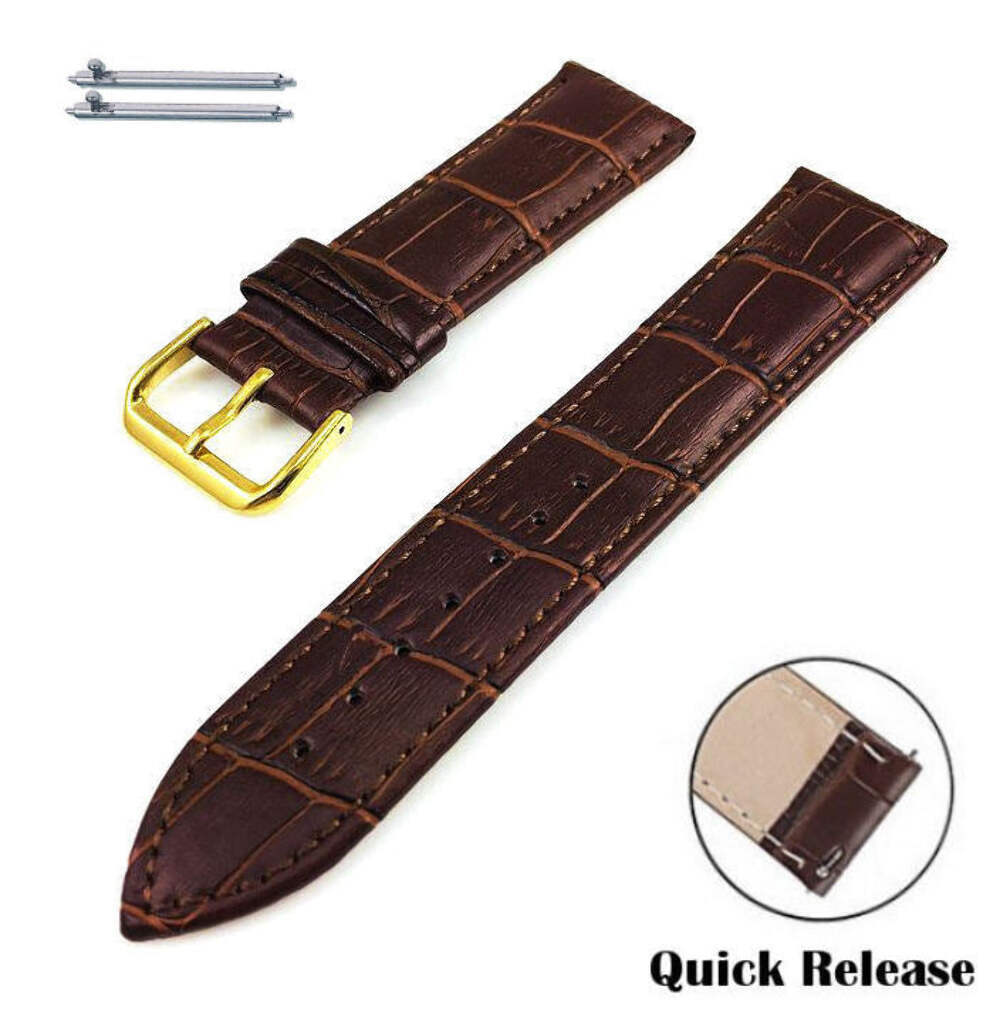 Brown Croco Quick Release Leather Replacement Watch Band Strap Gold Buckle #1082