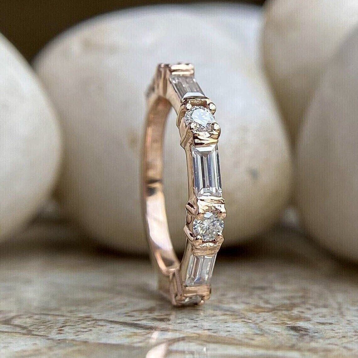 Baguette Round Cut Moissanite Diamond’s Half Eternity Band 14K Rose Gold Plated