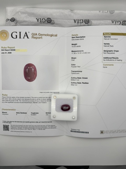 GIA Certified 15.03 Ct Natural Unheated Ruby Translucent Oval Purplish Red Gem