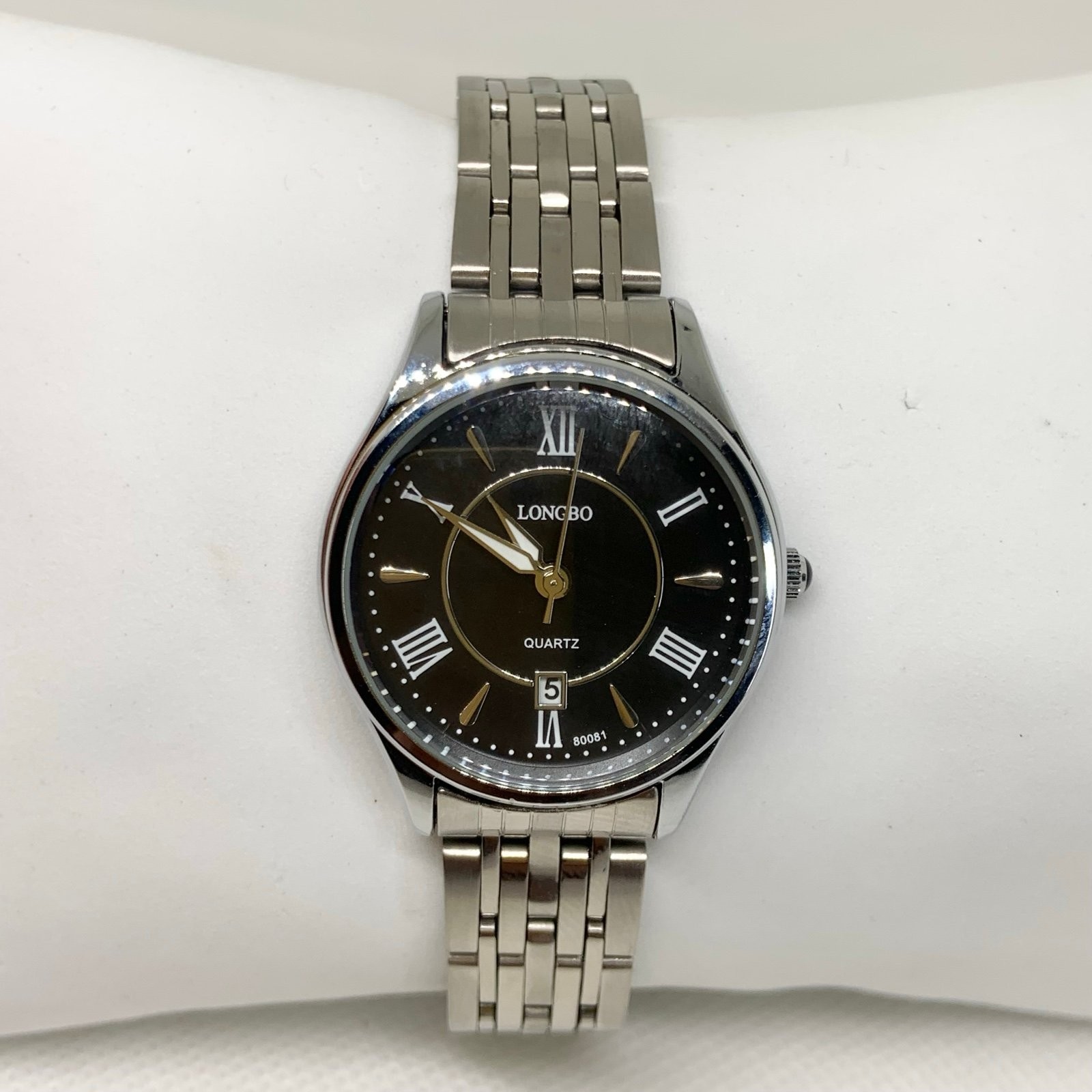 Longbo women silver tone watch black dial 30mm round case Quartz 8” running