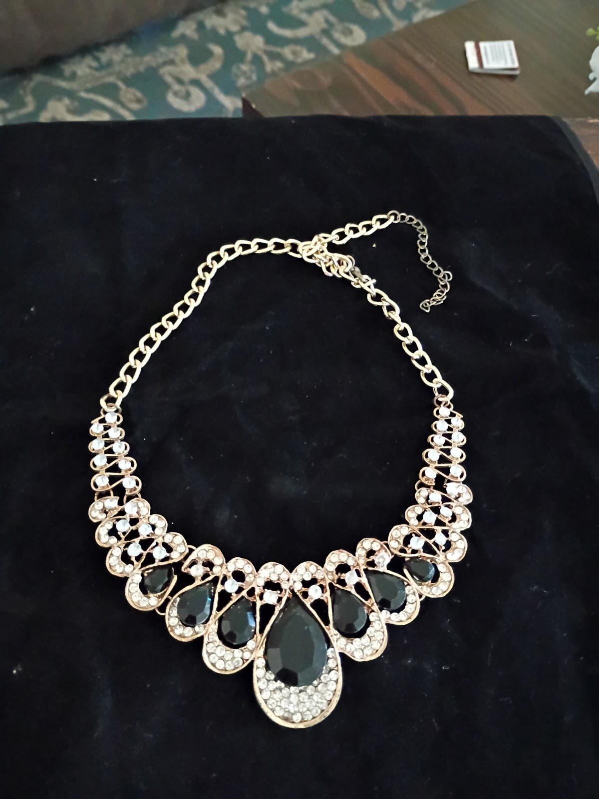 Gold Black Clear Teardrop Bib Statement Necklace Crystal Metal Fashion