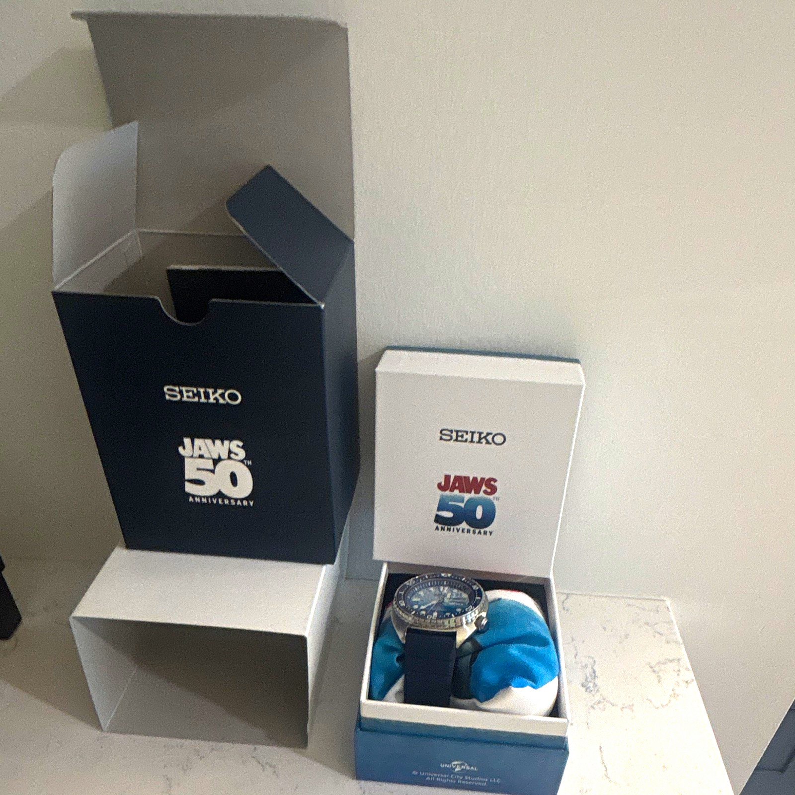 Seiko Prospex JAWS 50th Anniversary Automatic Diver Blue Dial Rubber Strap Box