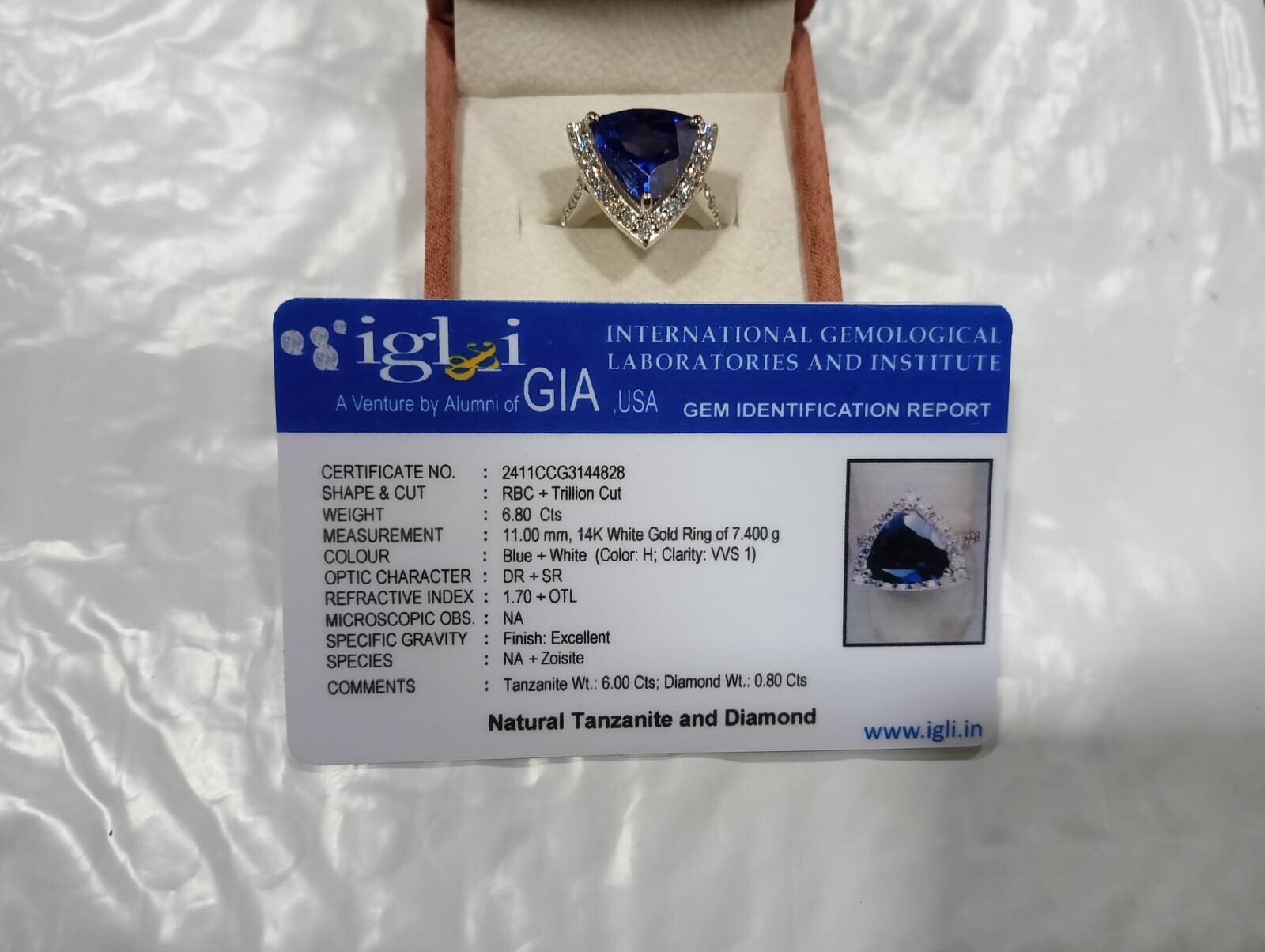 6.80Crt Trillion Cut Natural Tanzanite & Diamond 100% 14k SOLID White Gold Ring