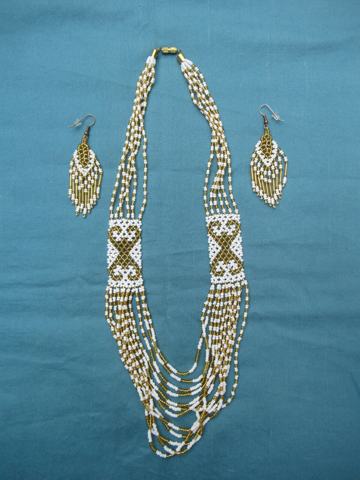 Dayak Borneo Sarawak Malaysia Gold White Beaded Necklace Earrings Tribal Set