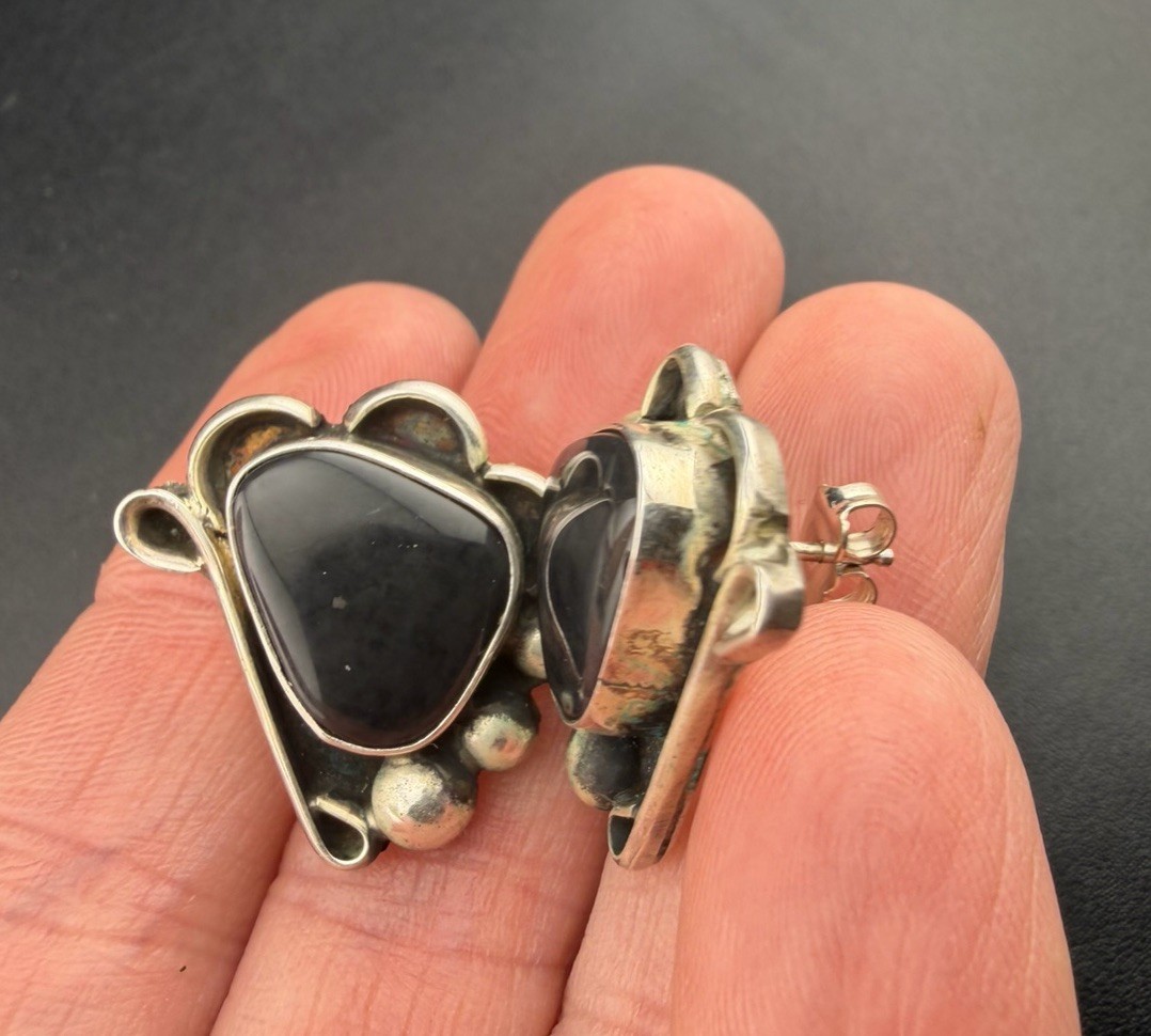 WS Sterling Silver Black Onyx Modernist Stud Earrings 11.7g Signed