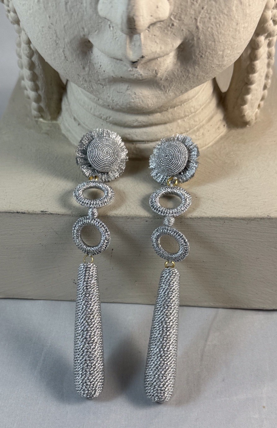 LEYLA GANS Amelie Wrapped Cord Drop Earrings ~ Metallic Silvertone cord~ Pierced