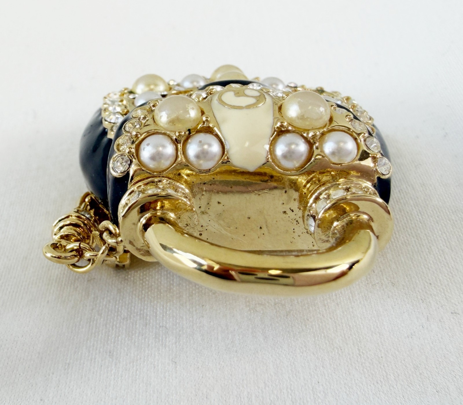 NEW ST. JOHN Handbag Brooch Black Enamel Pearl Crystals 24KGP Logo Pin Enhancer
