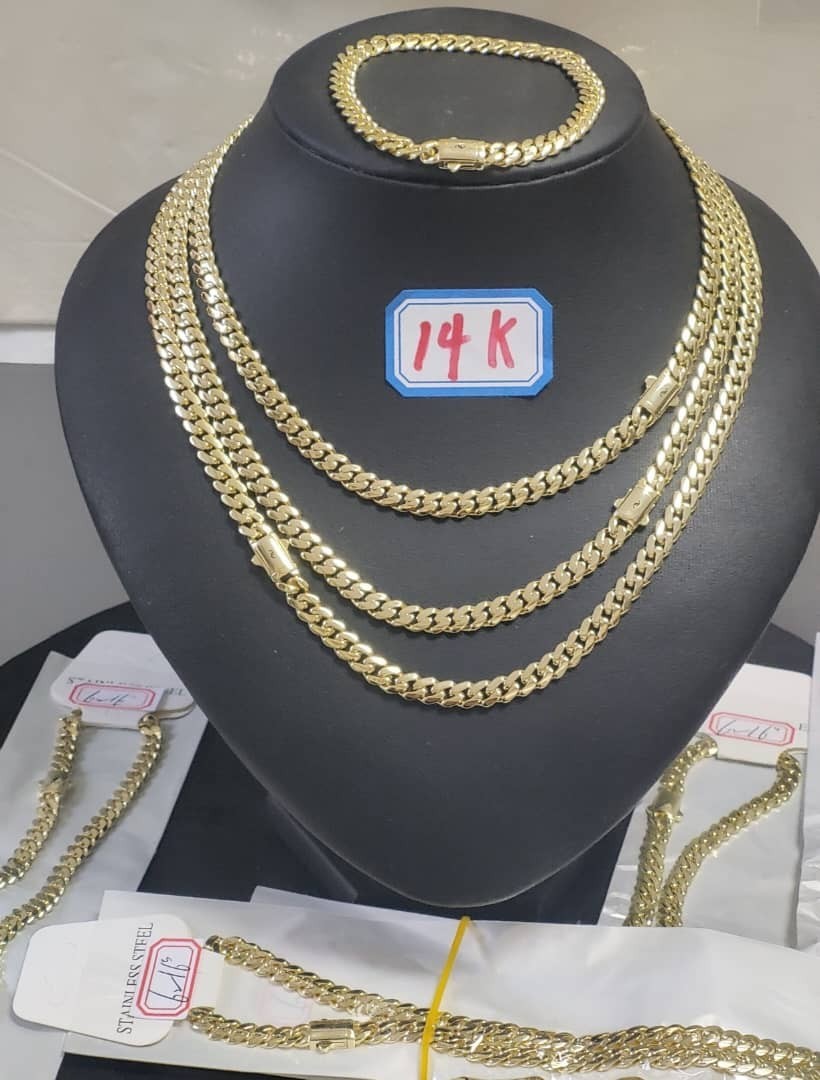 14k Gold Plated Monaco Chain, Bracelet, Anklet Cuban Link 6mm-8mm 7″-24″