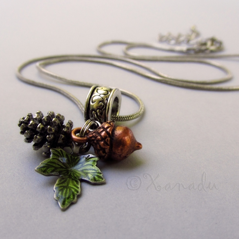 Autumn Fall Pendant Necklace With Silver Pine Cone, Copper Acorn And Green Leaf