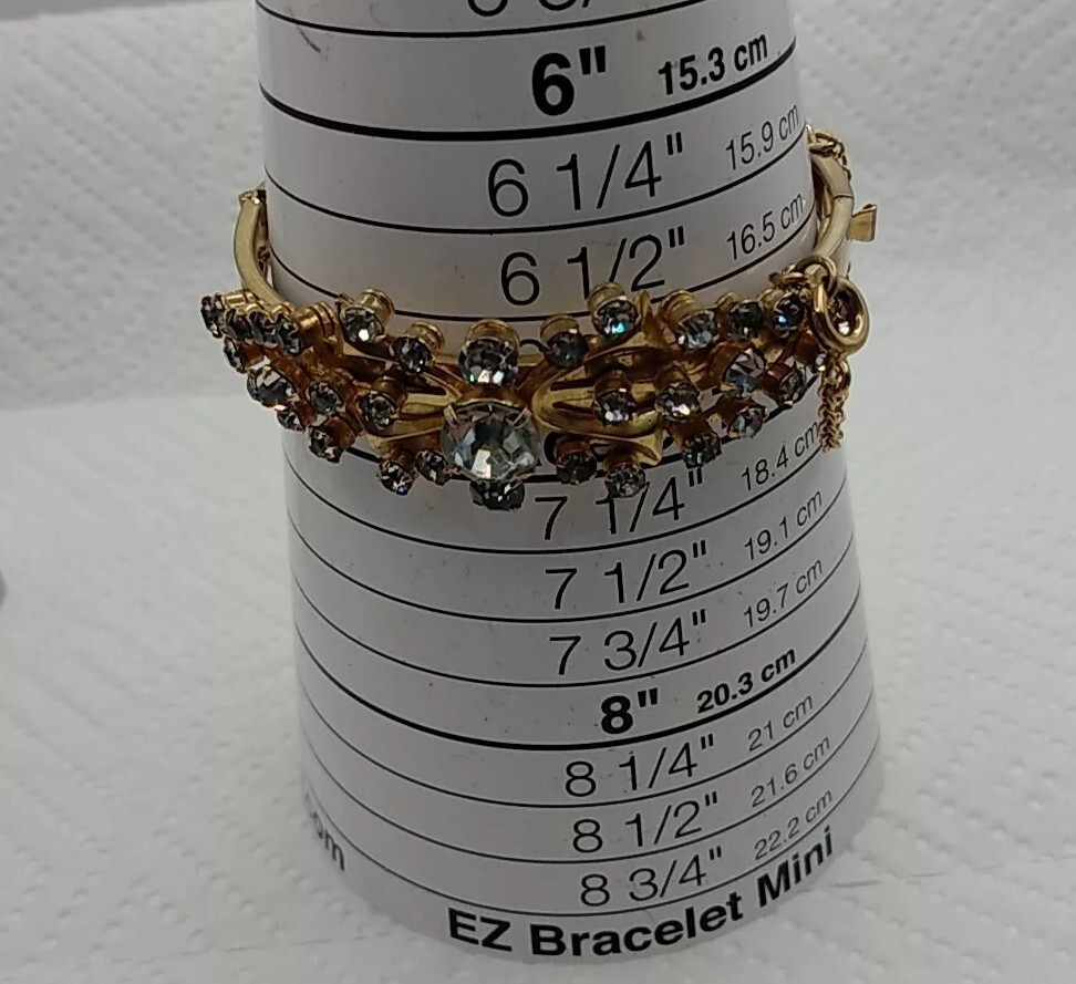 Vintage Gold Tone Rhinestone Hinged Bracelet With Safety Chain