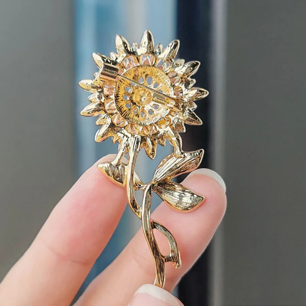 Sunflower Brooch Rhinestone Crystal Gold & Pink Flower Pin Jewelry Summer Gift