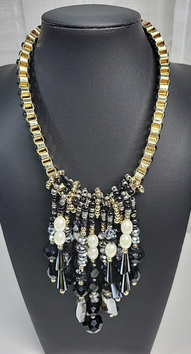 Chico’s Necklace Black Gray White Glass Fringe Bead Chunky Chain Gold Tone 20″