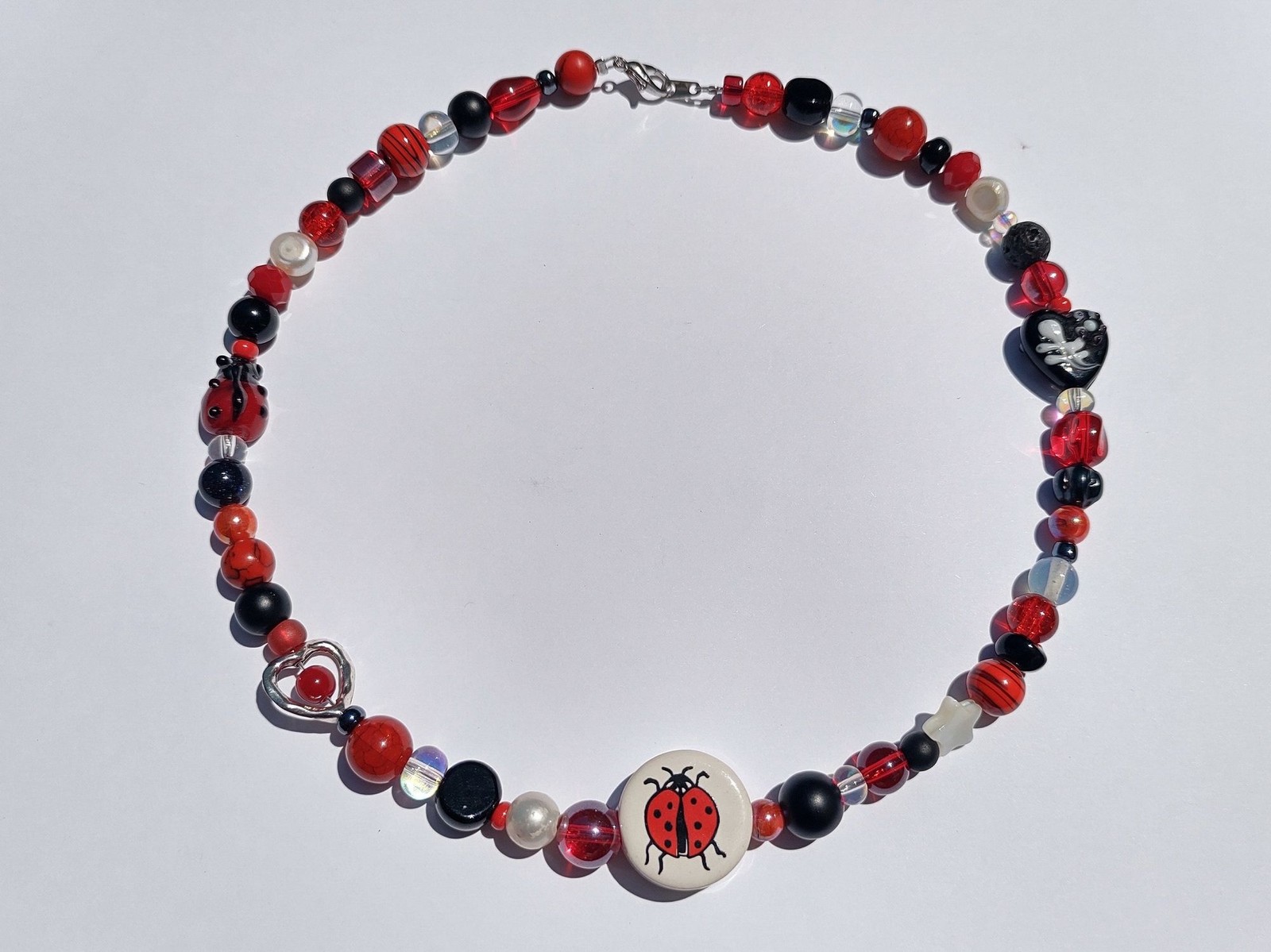 Red and Black Ladybug Ceramic and Glass Bead Handmade Necklace