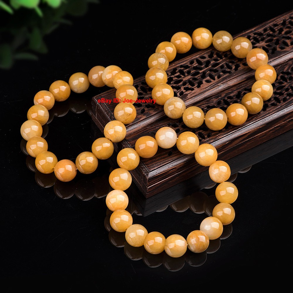 1pcs NEW Natural Grade A Jade 13mm Yellow Chinese Jade Stretch Bracelet 16-18cm