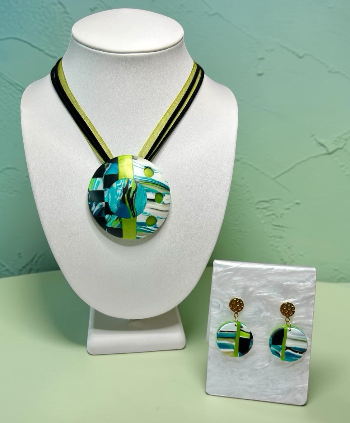 Handmade Blue & Green Pattern Large Polymer Clay Pendant Necklace & Earring Set
