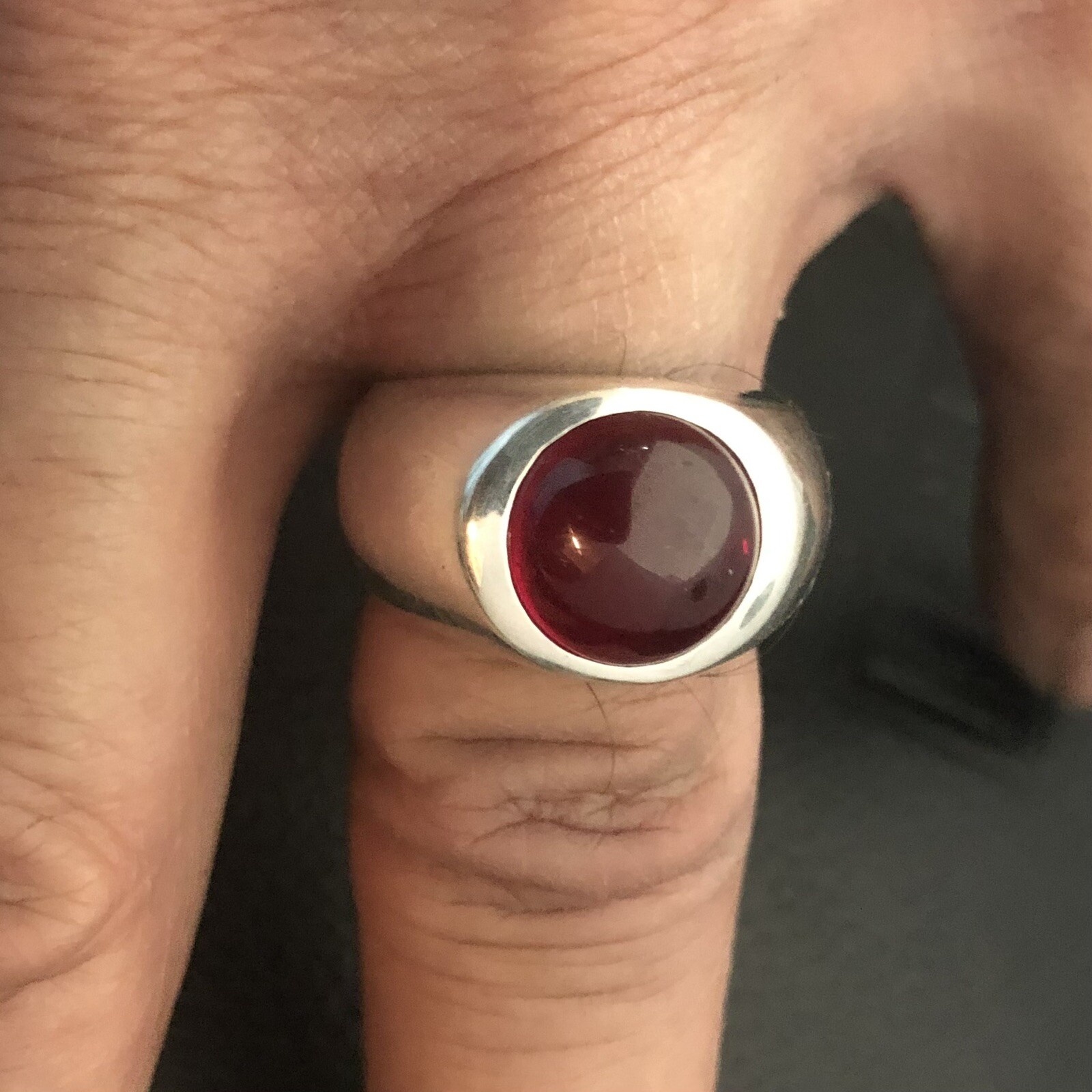 MJG STERLING SILVER MEN’S RING. 12mm ROUND LAB RUBY CABOCHON. SIZE 9 3/4