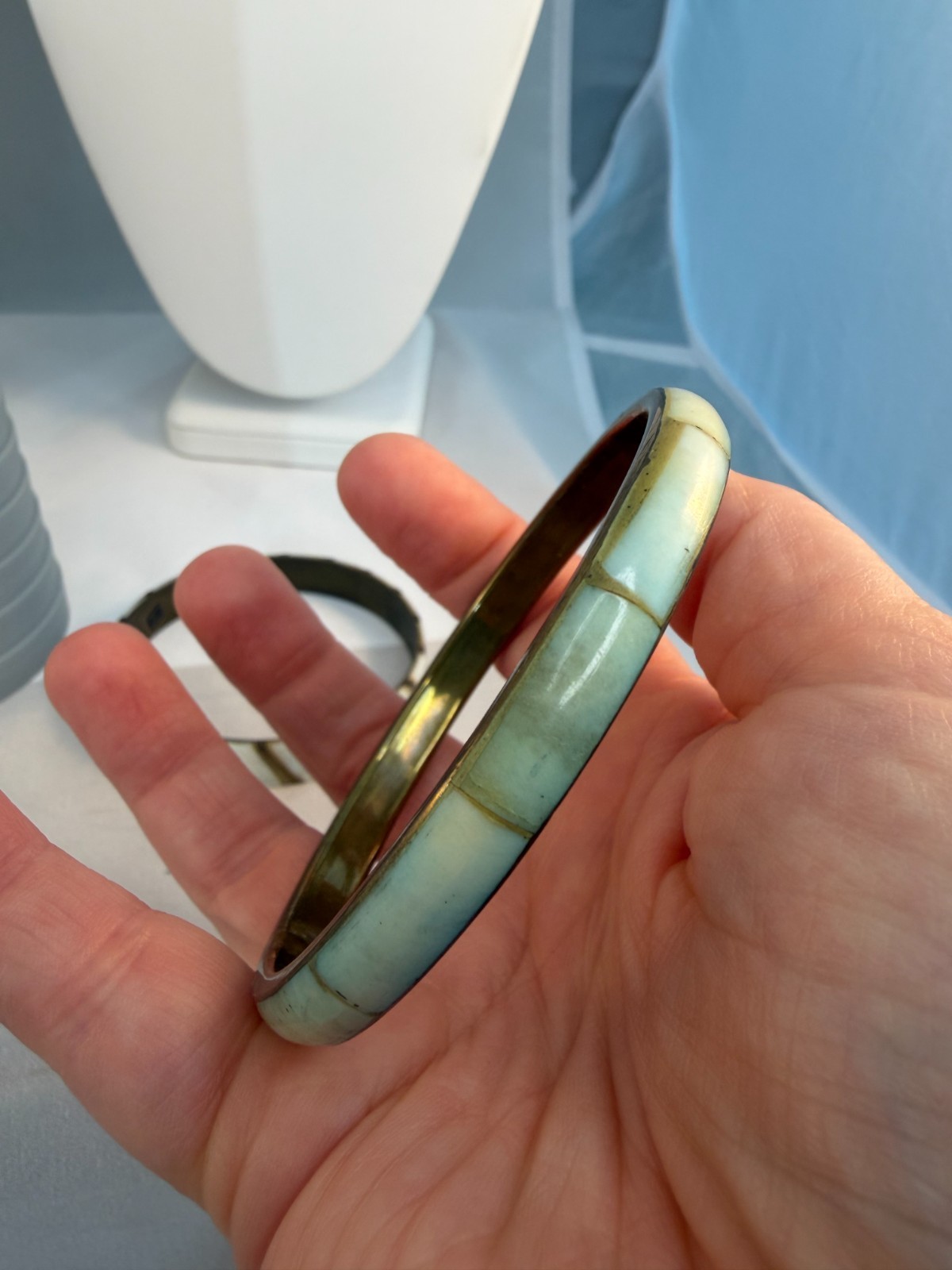 Vintage 1970s Brass Bangle Stack Mother of Pearl Dyed Bovine Inlay Boho Green