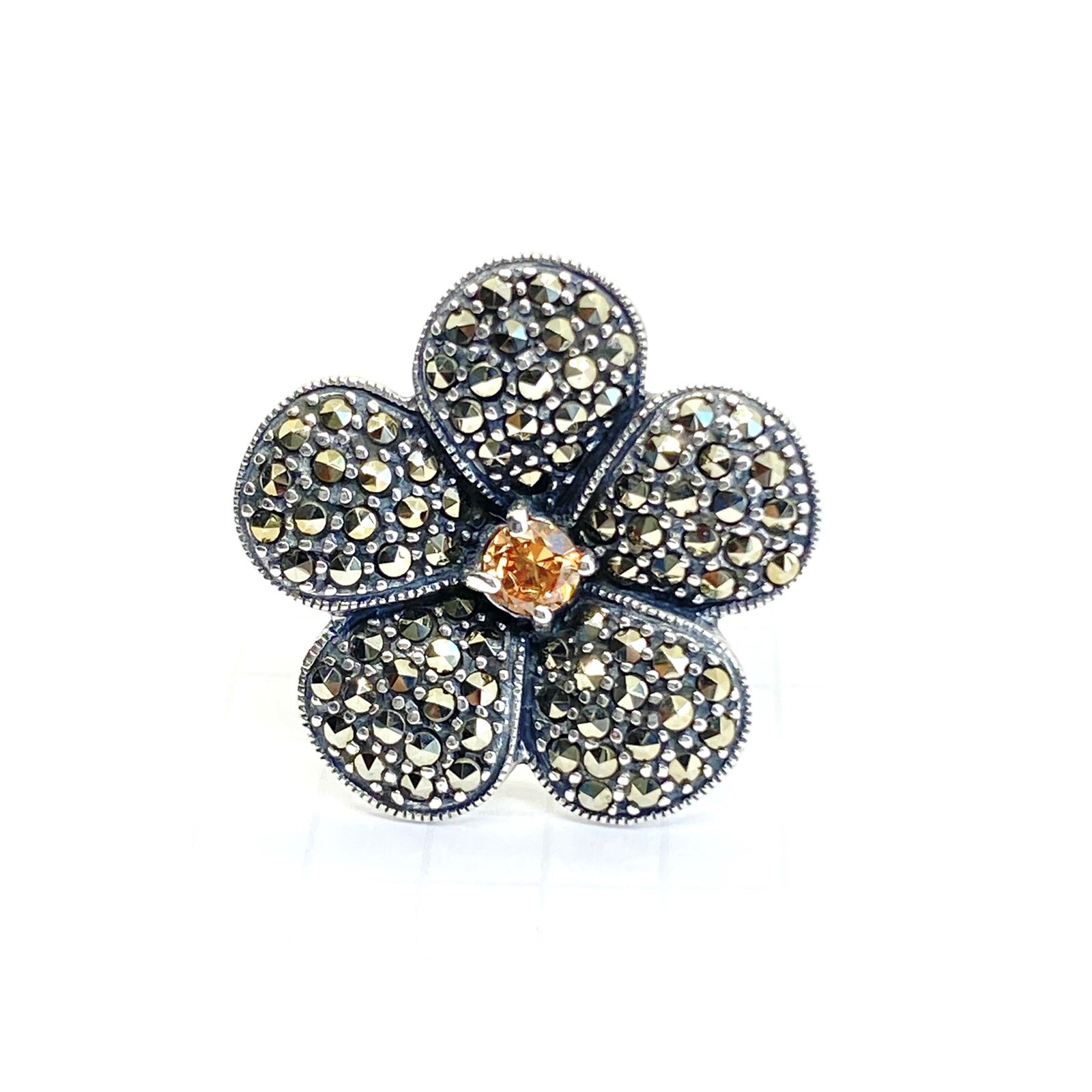 (SIZE 6,7,8,9) Big FLOWER RING Orange Citrine & Marcasite .925 STERLING SILVER