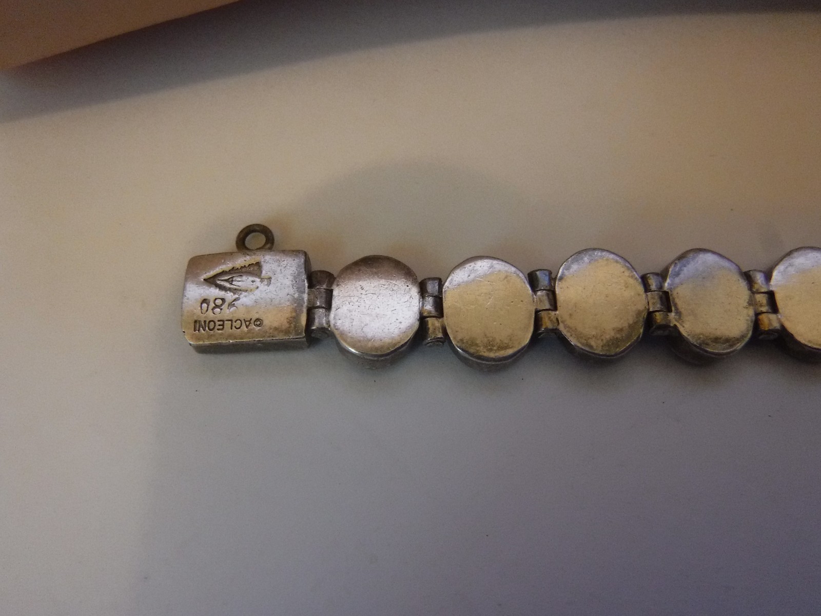 Estate ACLEONI Sterling Silver 980 Oval Link Bracelet Onyx 7 1/2″ Signed