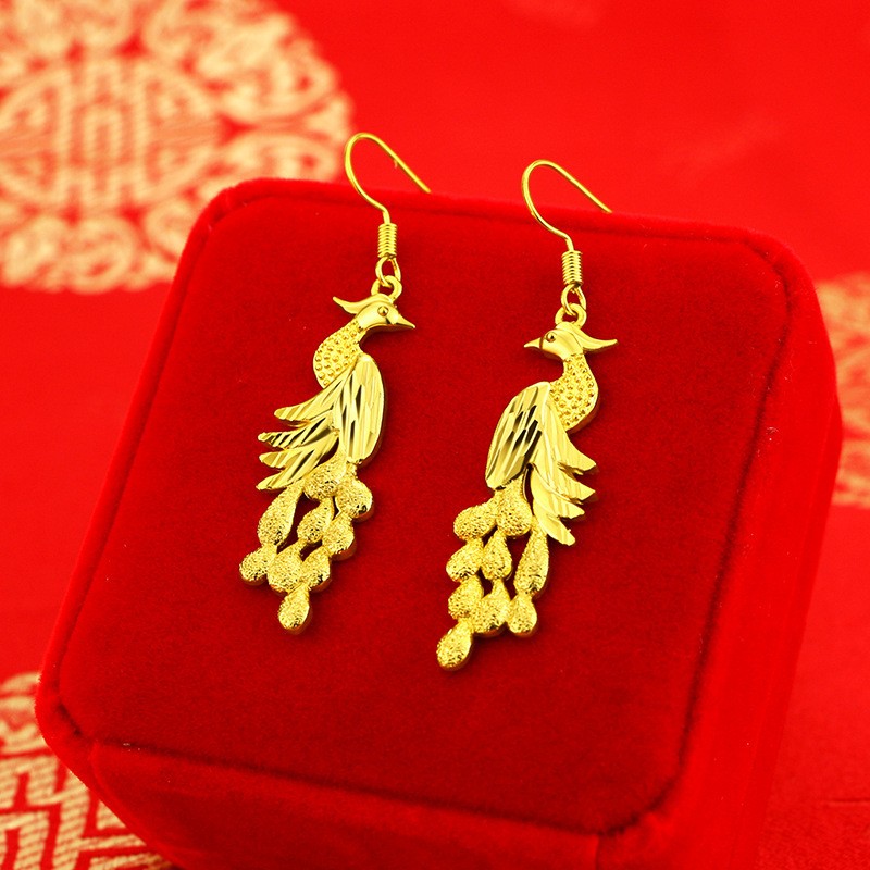 Gold Plated Phoenix Drop Earrings Chinese Wedding Women