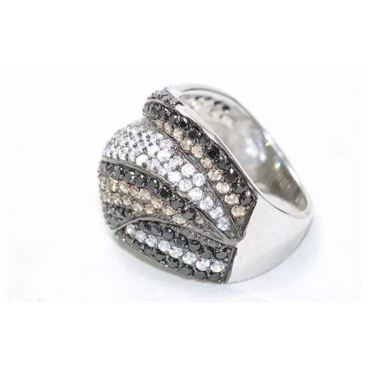 Sterling Silver Black White And Tan Cubic Zirconia Wavy Ring