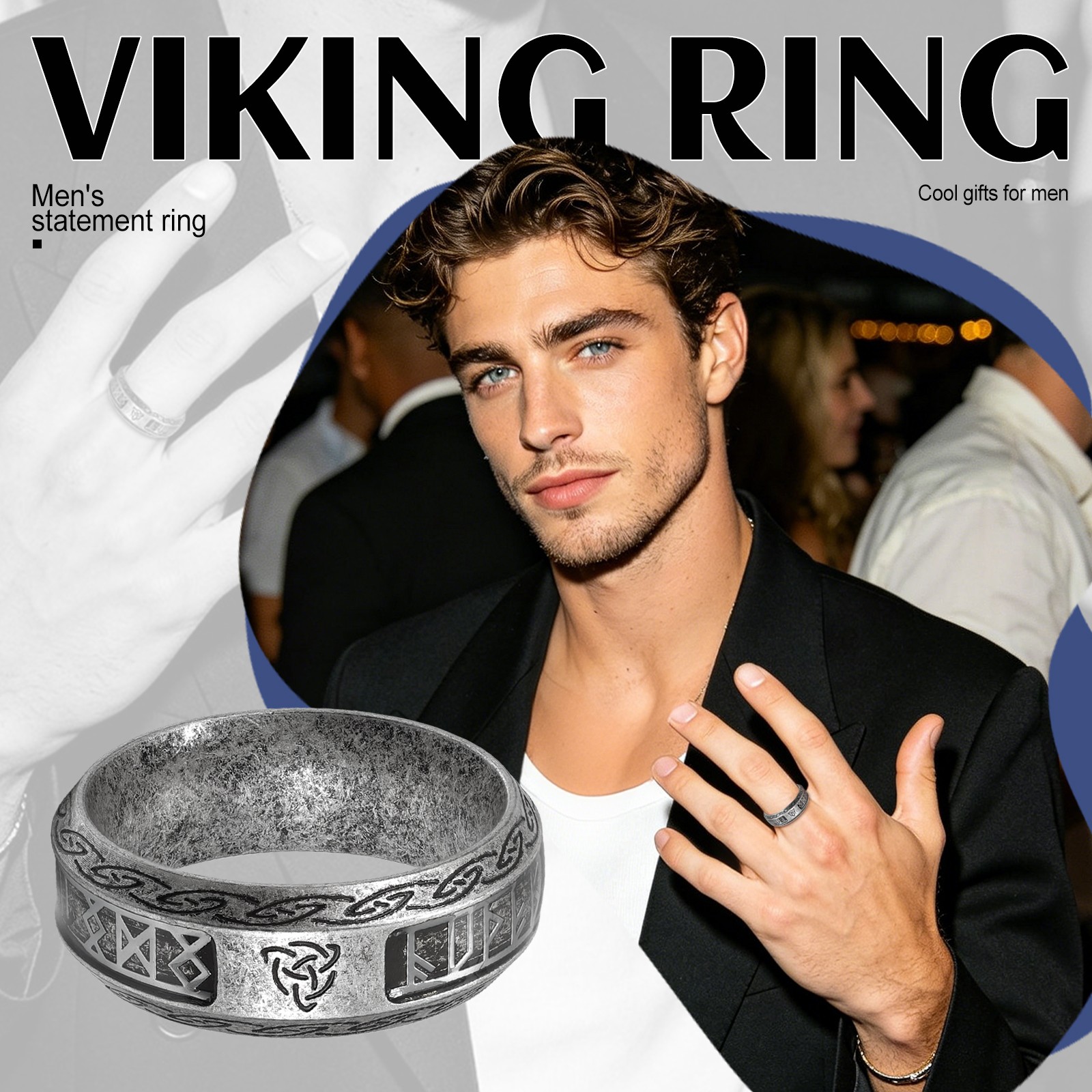 Men’s Retro Viking Rune Ring Stainless Steel Nordic Talisman Band Jewelry Gift