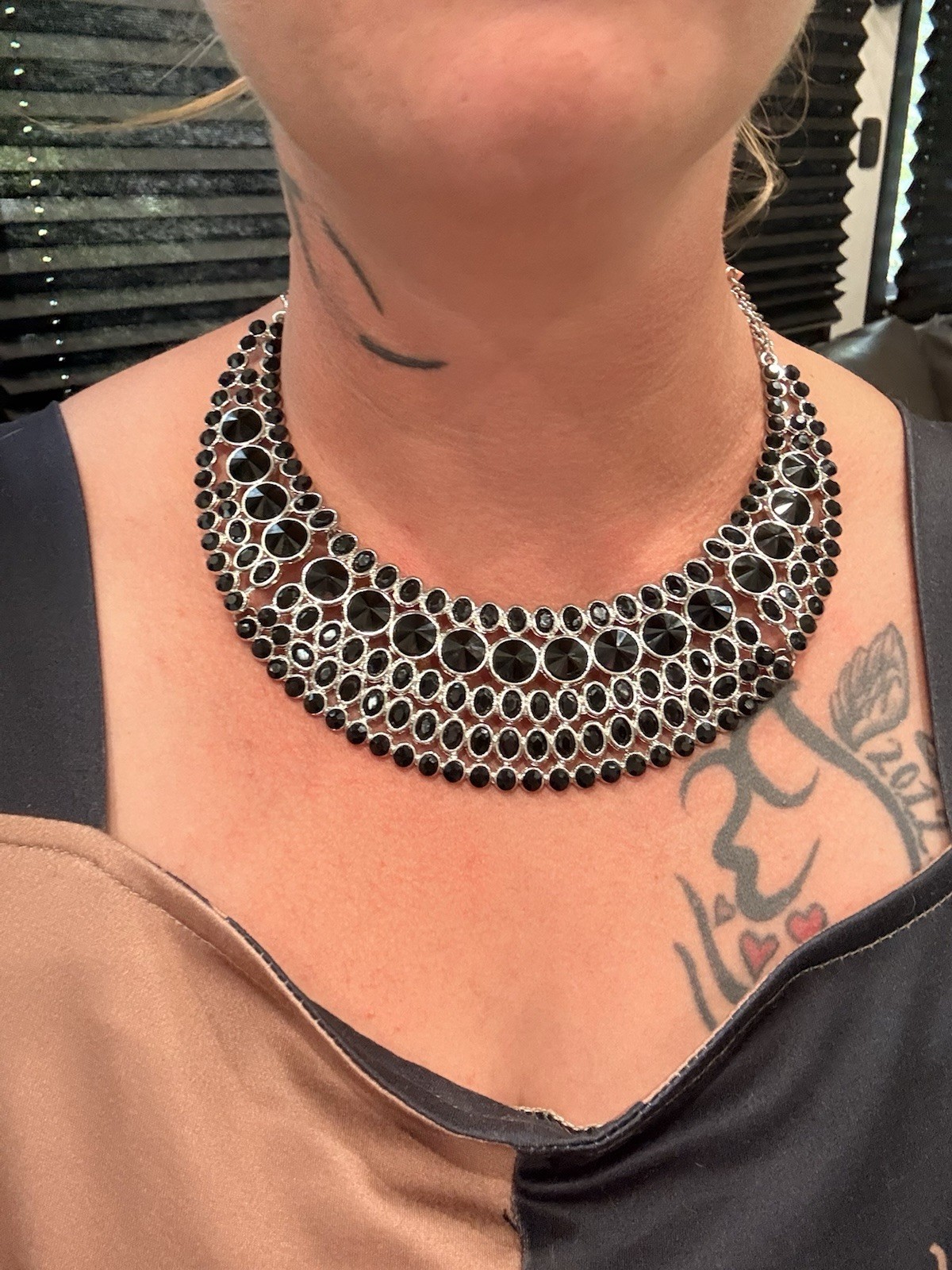 Black Round Crystal Multi-Row Statement Collar Necklace Silver Plated Lobster