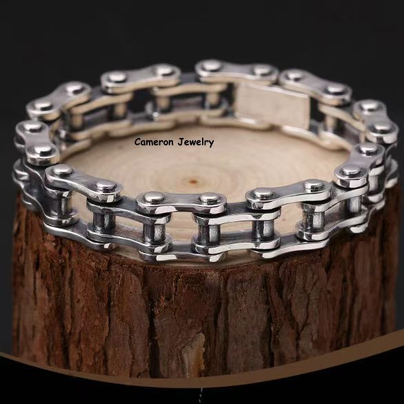 Solid S925 Sterling Silver Bracelet 10m13mm Punk Bike Link Chain 7.5-8.7in