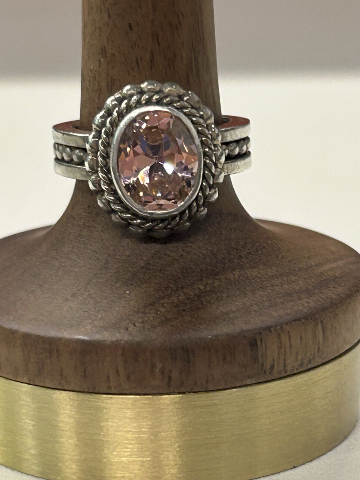 925 Sterling Silver Signed Bezel Set Oval Pink Kunzite Ring Band Size 5.25