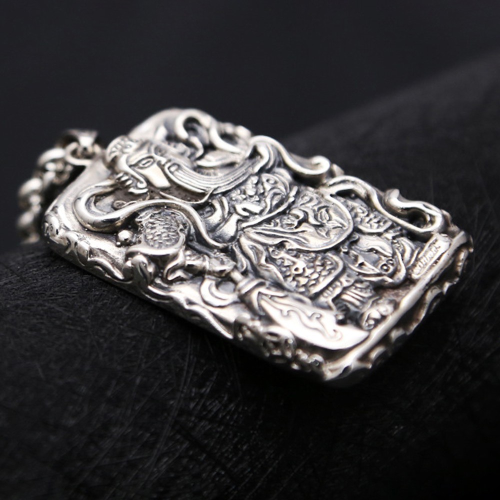 Pure S925 Sterling Silver Men Women Carved Dragon Guangong Oblong Pendant 34-35g