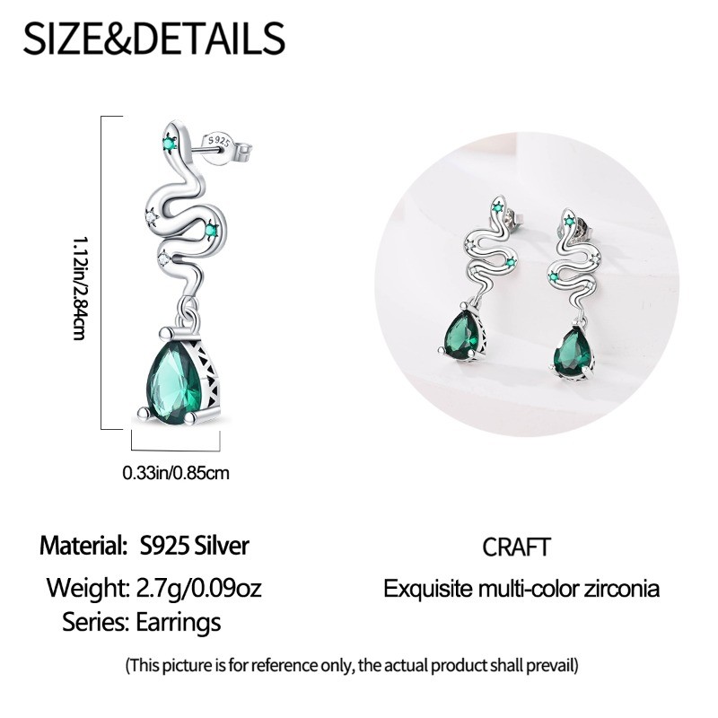 PANDACH Fashion Women 925 Sterling Silver Snake Stud Earrings with Green CZ Drop