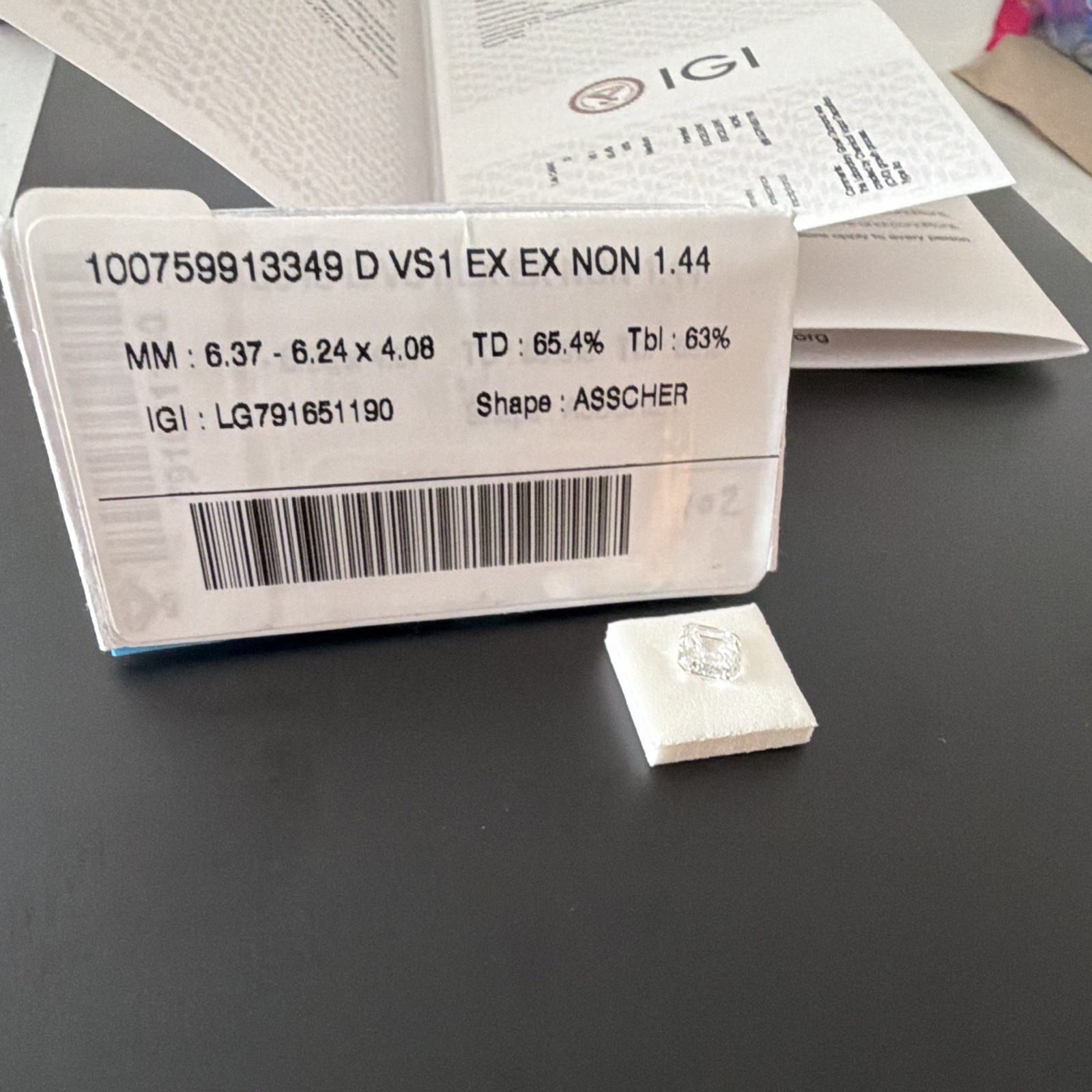 Lab-Created Diamond Asscher 1.44ctw D VS1 Excellent Cut IGI 6.37×6.24mm