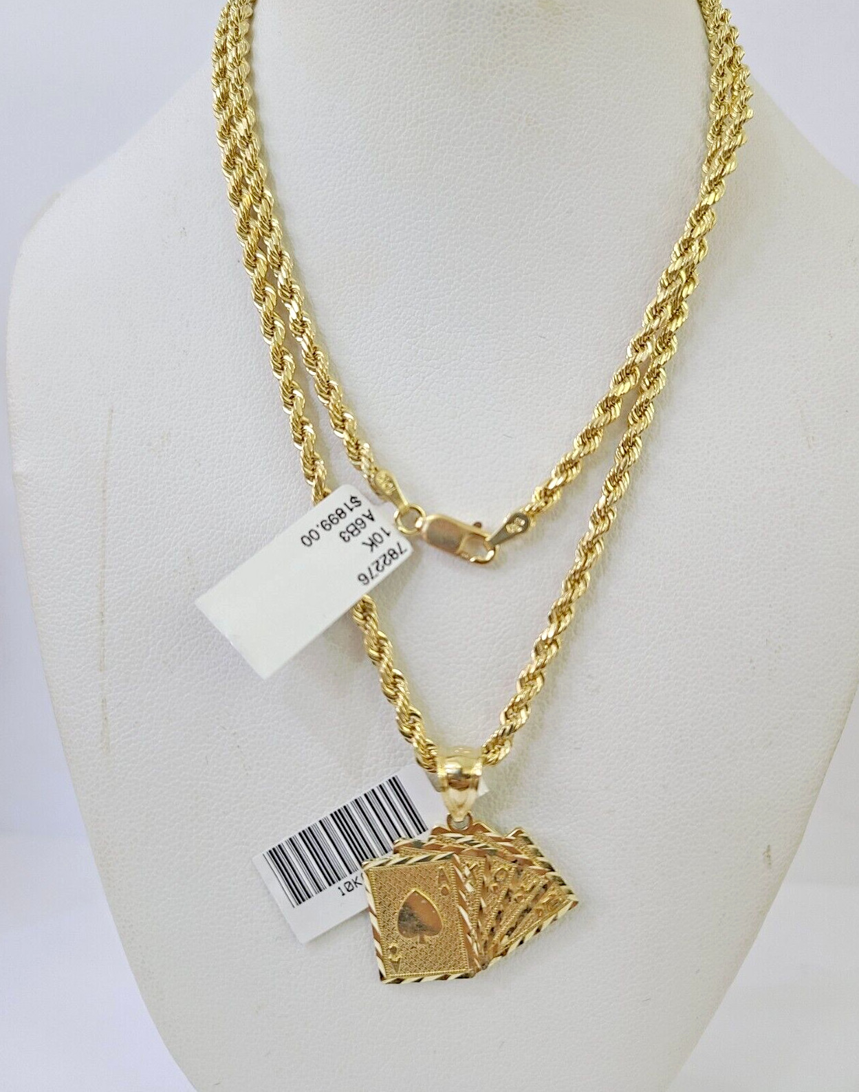 Real 10k 3mm Rope Chain Royal Flush Pendant 18″ 20″ 22″ 24″ 26″ Gold Set
