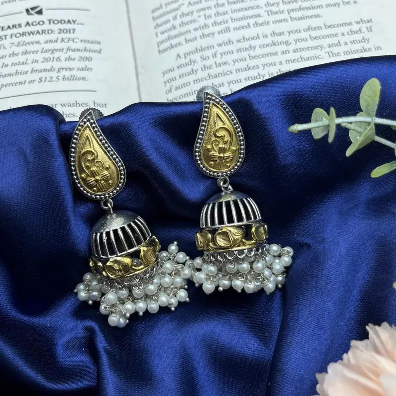 Oxidized Jhumka Earrings Gold Tone Pearl Drop Indian Ethnic Boho Jewelry Women