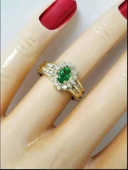 2.50 Ct Oval Cut Natural Emerald & Diamond Wedding Ring 14K Yellow Gold