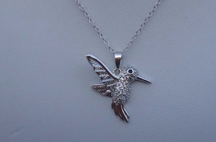 925 STERLING SILVER DESIGNERS HUMMING BIRD PENDANT NECKLACE LAB CREATED DIAMONDS