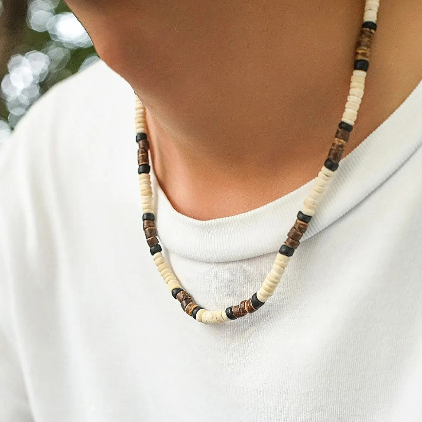 1pcs Men’s Wooden Bead Surfer Necklace – Handmade Tribal Summer Jewelry -NEW