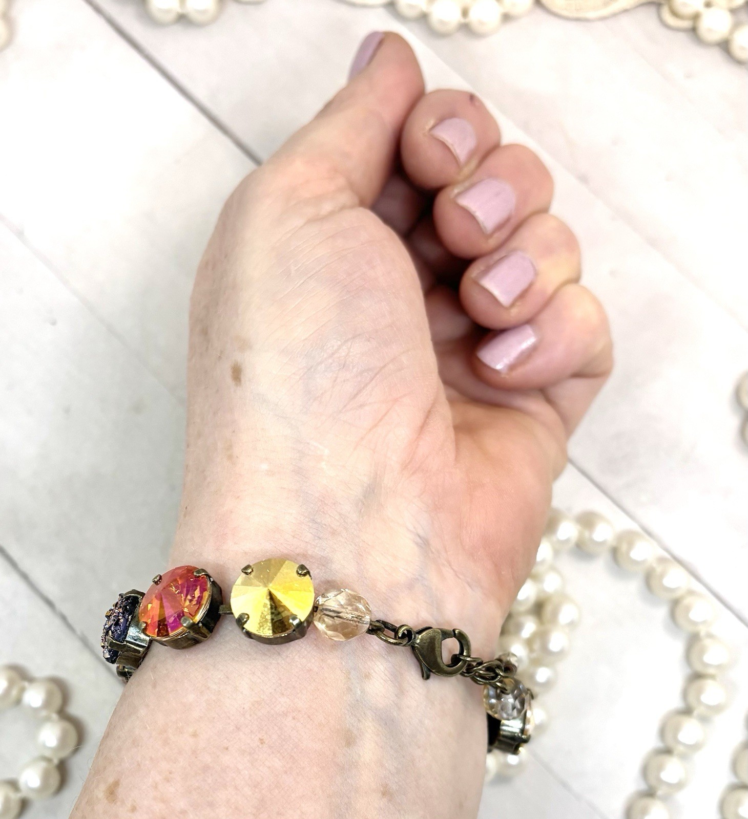 Brass Plated Orange Glitter Cup Chain Bracelet made with Metallic Gold Crystals