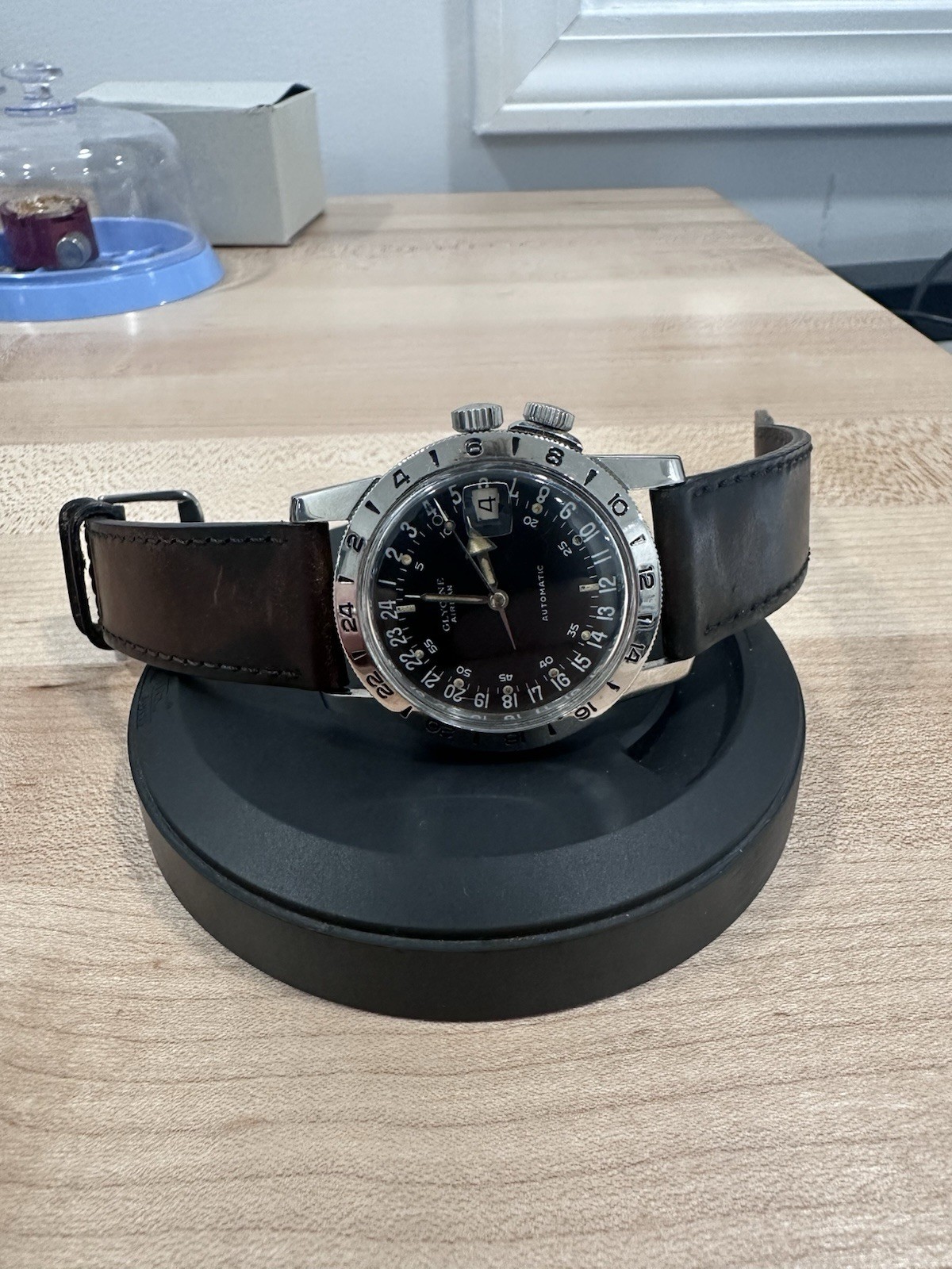 Vtg 1960s im Glycine Airman 36mm SS Automatic Pilot Men’s Watch 24hr dial.